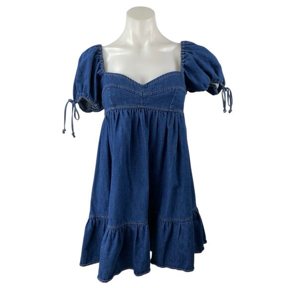 Olivaceous Blue Short Puff Sleeve Chambray Denim Jean Ruffle A Line Mini Dress L - Picture 1 of 4